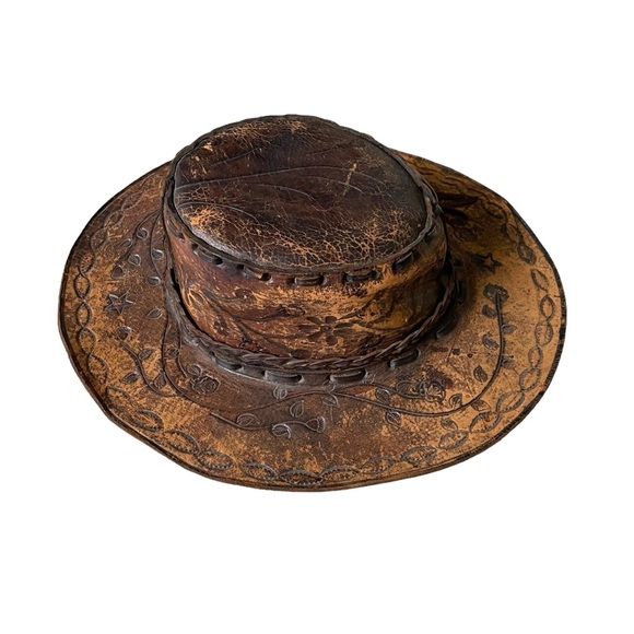(SOLD) HANDMADE Vintage Hand Tooled Leather Mexican Western Cowboy Hat Hat O/S - Picture 2 of 15